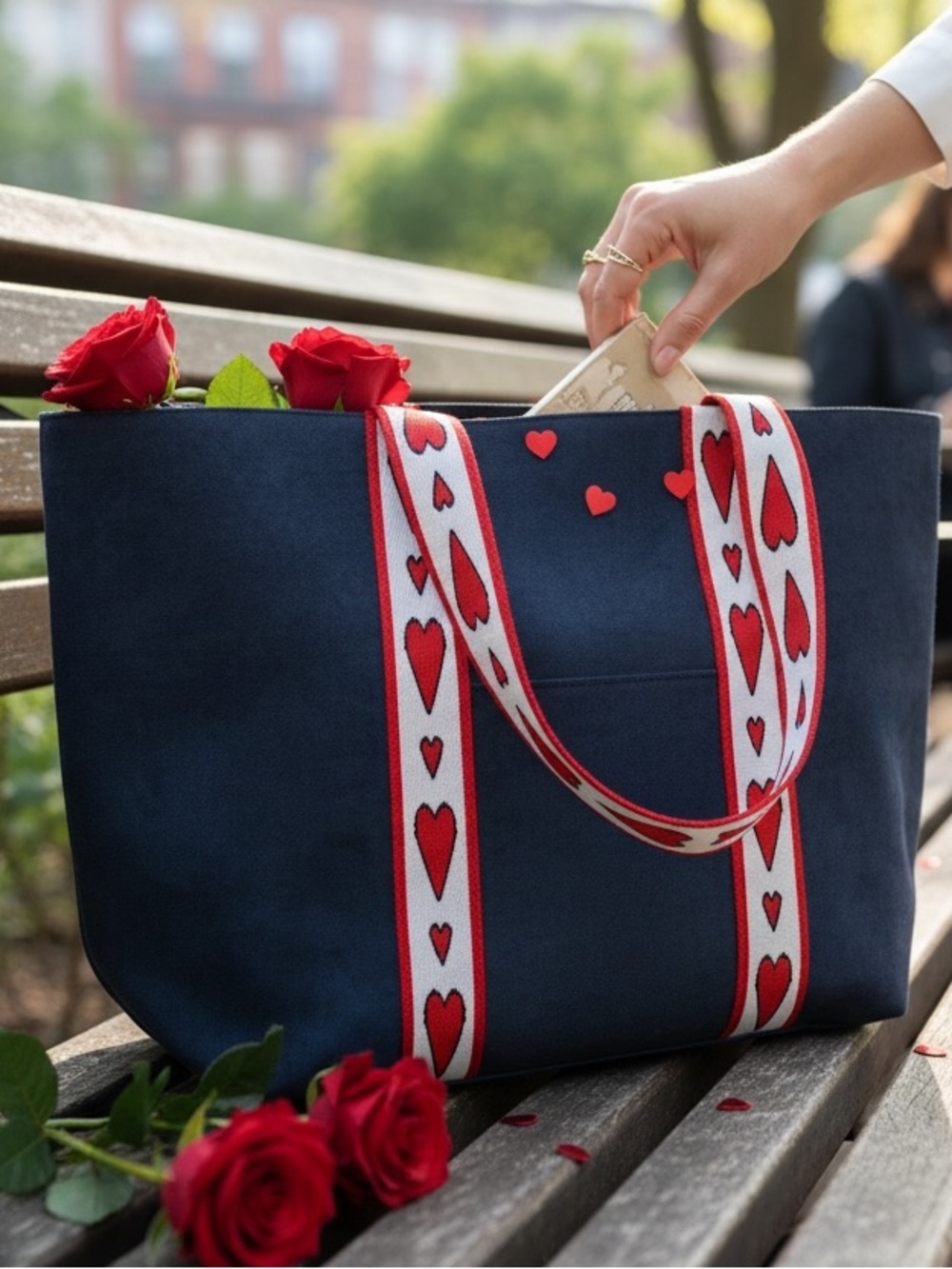 Brighton Velveteen blue with red hearts tote bag - Picture 2 of 4